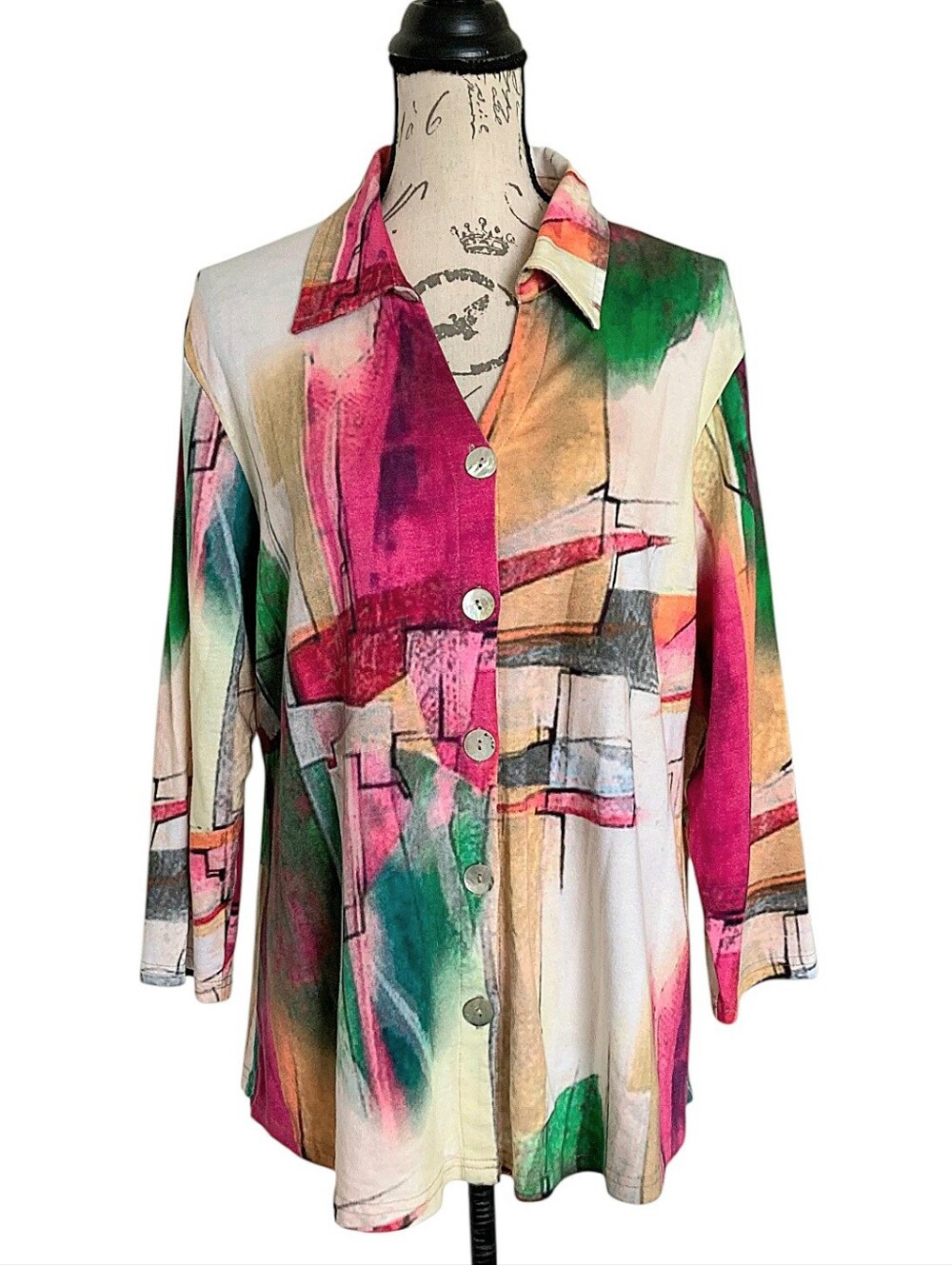 Parsley & Sage Abstract Button tunic Blouse Top L Boho Lagenlook art to wear